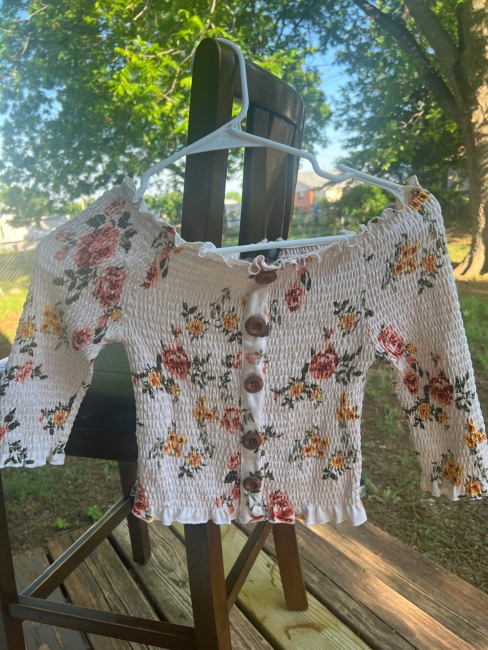 Hollister White Floral Smocked Off-Shoulder Button Top